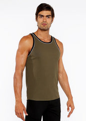 Olive green rib stretch athletic tank top with black and white piping detail and ringer trim