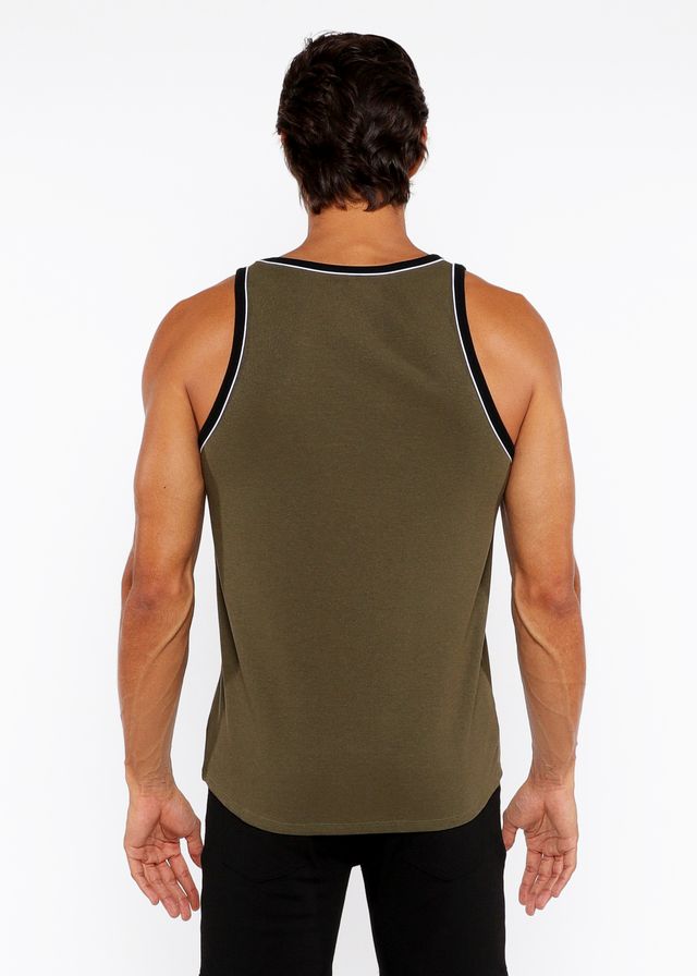 Olive green rib stretch ringer tank top with black and white piping detail along neckline and armholes