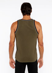 Olive green rib stretch ringer tank top with black and white piping detail along neckline and armholes