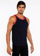 Navy blue rib stretch ringer tank top with red piping detail around neckline and armholes