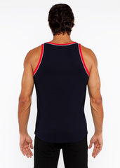 Black rib stretch ringer tank with red and white piping detail along neckline and armholes