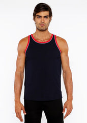 Black rib stretch ringer tank with red and white piping detail and trim on front side