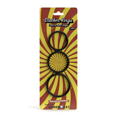 Black stacker ring 3-piece set featuring smooth matte finish in retro-style packaging for versatile styling