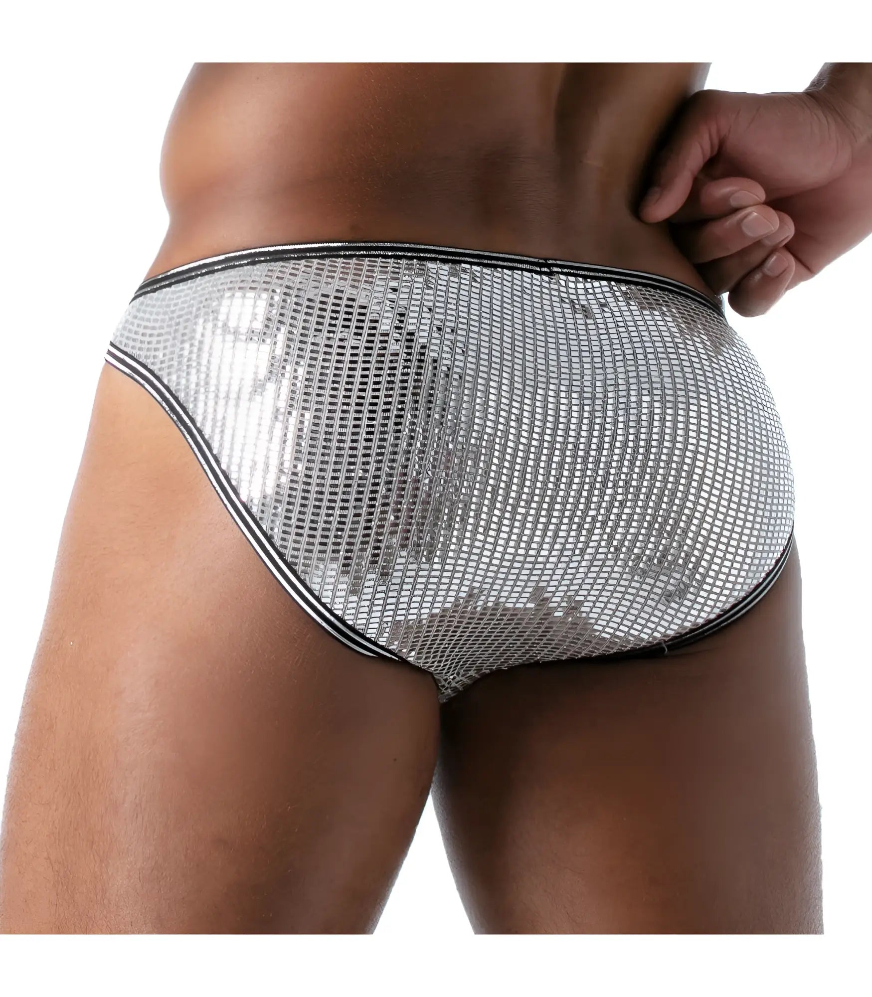 Silver mesh star bikini brief with black trim showcasing a stylish and breathable swimwear design
