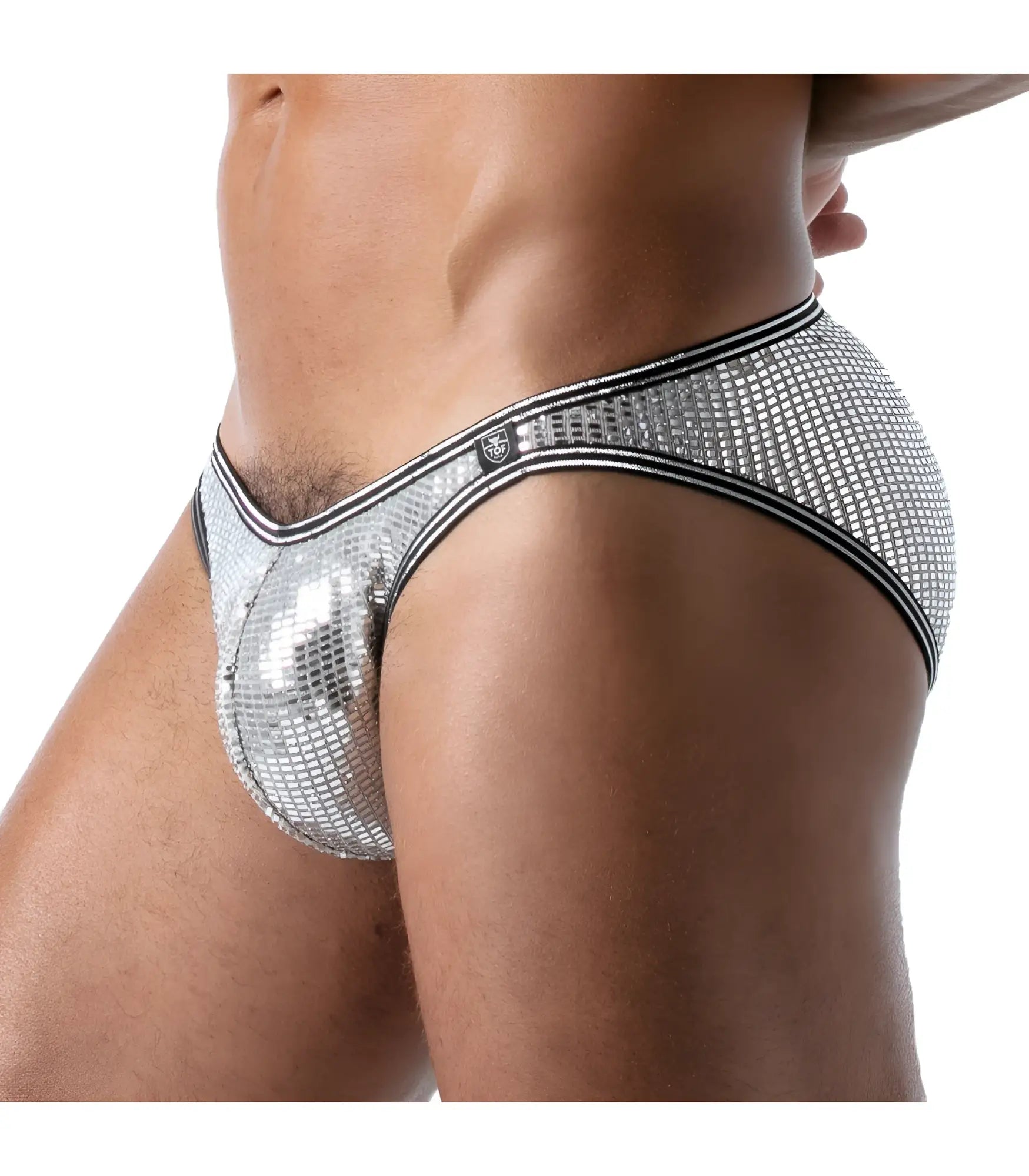 Silver sequined star bikini brief with black trim shiny fabric for stylish swimwear or beachwear
