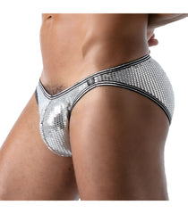 Silver sequined star bikini brief with black trim shiny fabric for stylish swimwear or beachwear