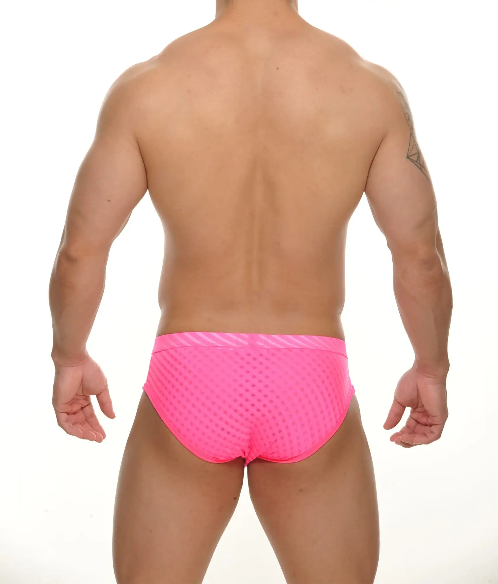 Starkey brief bright pink mesh swim trunks with striped waistband ideal for swimming and beachwear