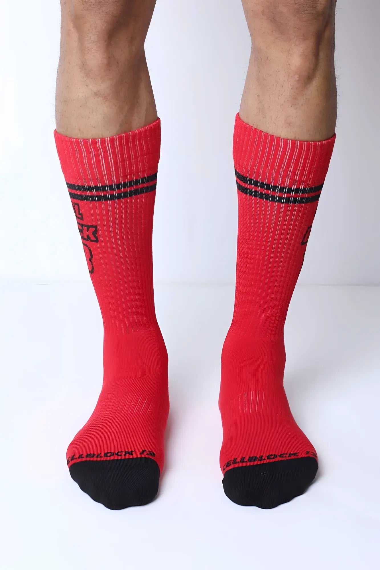 Starter crew socks featuring red athletic design with black toe caps and shellblock 13 logo on striped top