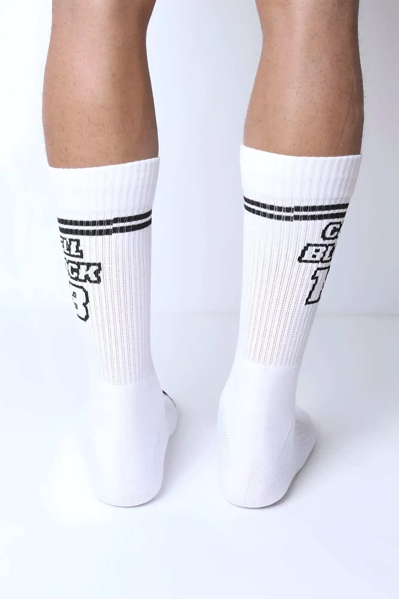 Starter crew socks in white with black horizontal stripes and bold black c 3 lettering in a sporty collegiate style