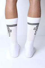 Starter crew socks in white with black horizontal stripes and bold black c 3 lettering in a sporty collegiate style