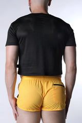 Black mesh short-sleeved crop top with subtle textured pattern and matching black side straps starter mesh crop top