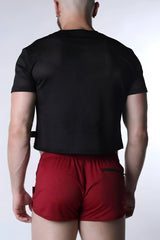 Black mesh short-sleeved crop top with subtle textured pattern perfect for sporty casual wear
