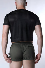Starter mesh crop top black short-sleeved breathable mesh fabric with subtle perforations on the back side