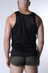 Black mesh starter mesh tank top with fitted athletic cut designed for activewear use