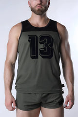 Olive green starter mesh tank top with black number 13 and matching shorts made of breathable fabric