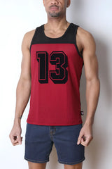 Starter mesh tank top in red and black with textured fabric featuring bold black number 13 in sports jersey style
