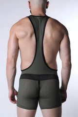 Olive green mesh starter zipper singlet with black trim showing back side zipper detail for athletic use