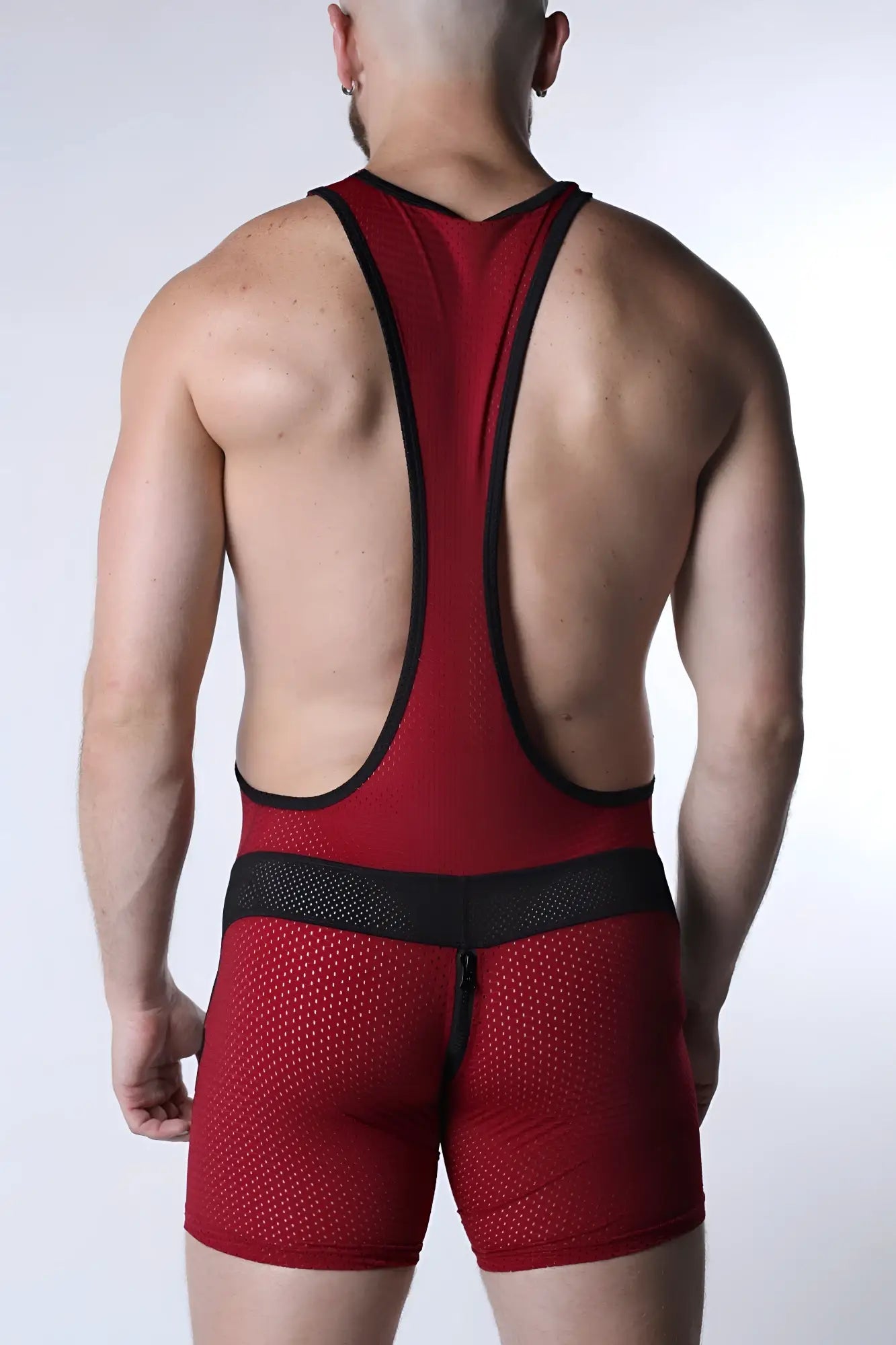 Starter mesh zipper singlet with red mesh fabric black trim and central waistband for wrestling use