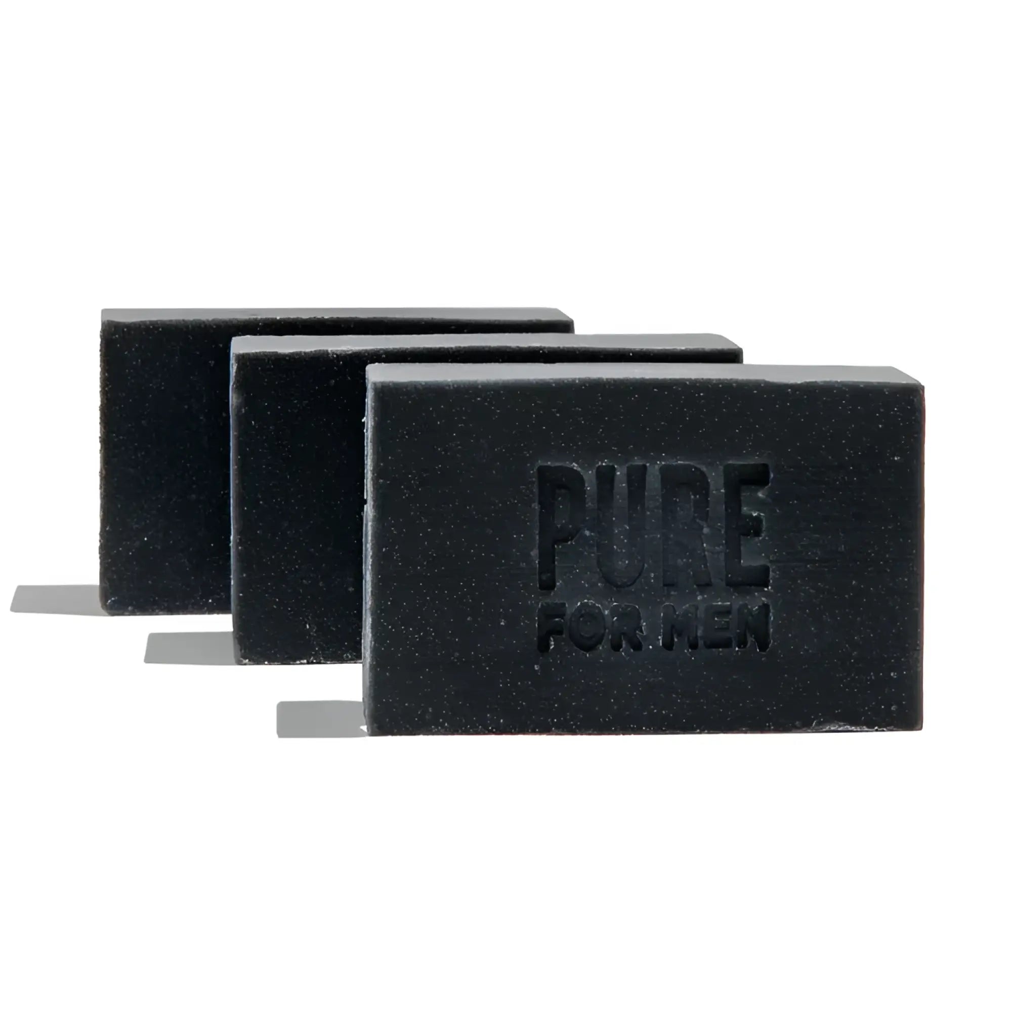 Three rectangular black soap bars embossed with pure for men text from stay ready bar collection