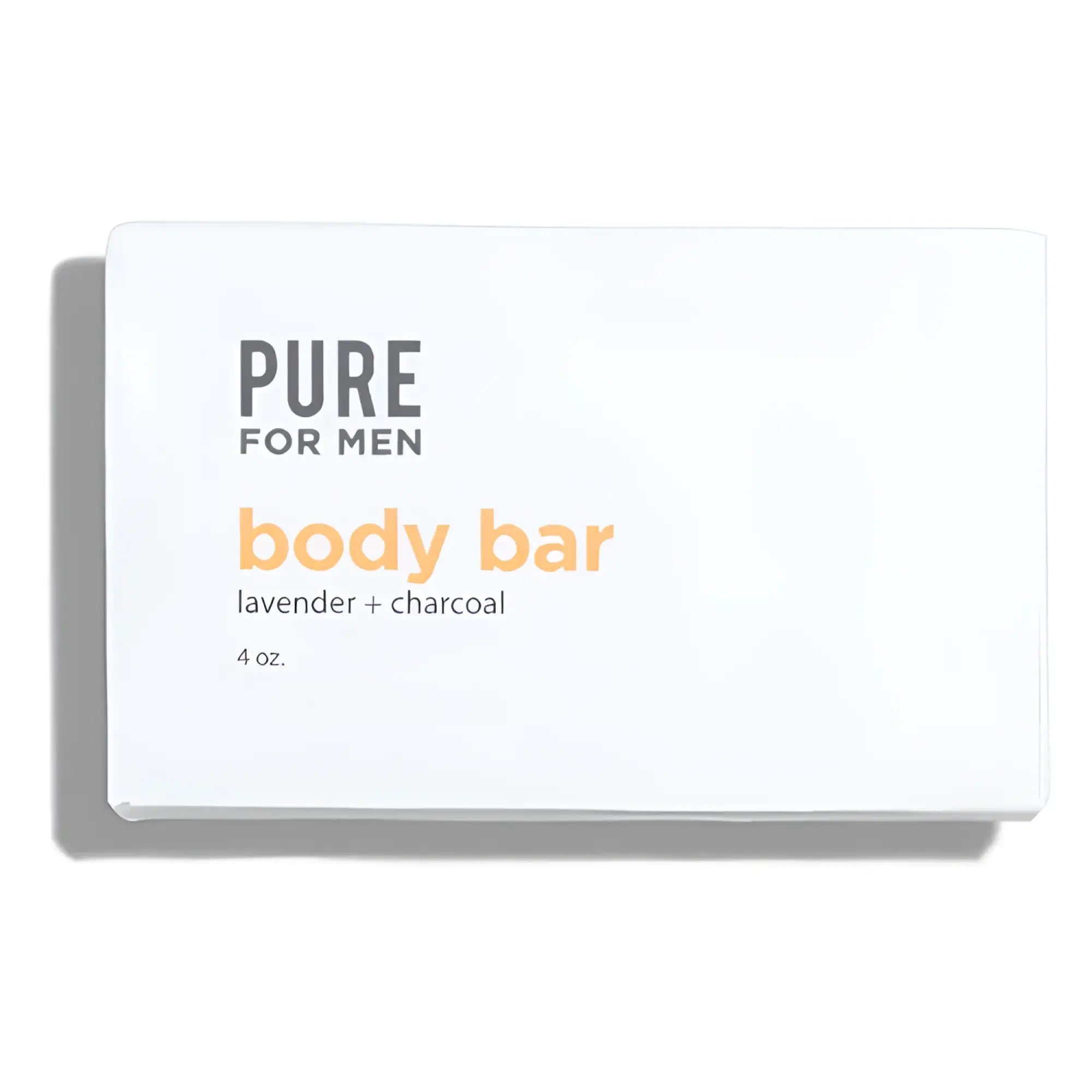 White rectangular box for pure for men lavender and charcoal body bar stay ready bar 4 oz with product details on back