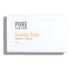 White rectangular box for pure for men lavender and charcoal body bar stay ready bar 4 oz with product details on back