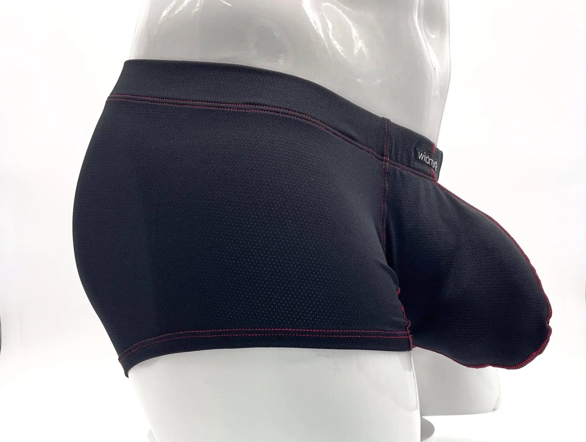 Stitched big boy pouch boxer brief in red with textured mesh fabric and wicked brand label on waistband