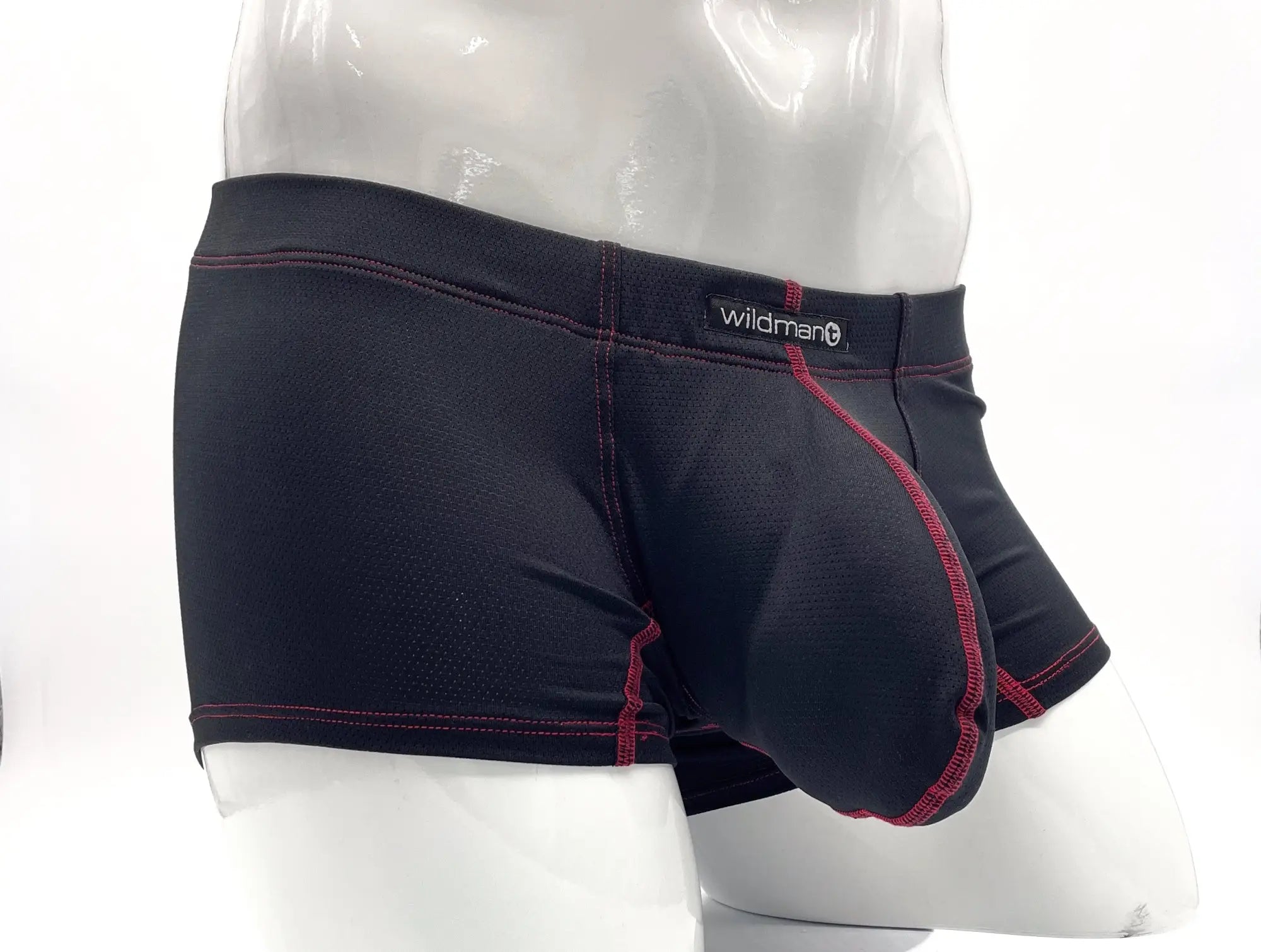Black men’s Stitch big boy pouch boxer briefs with red stitching and Wildman brand label on the waistband