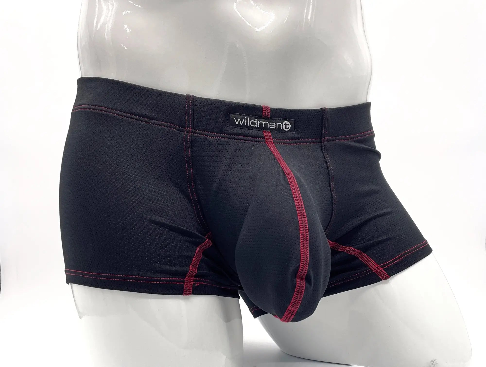 Black men’s stitch big boy pouch boxer brief in black with red stitching and wildman brand label