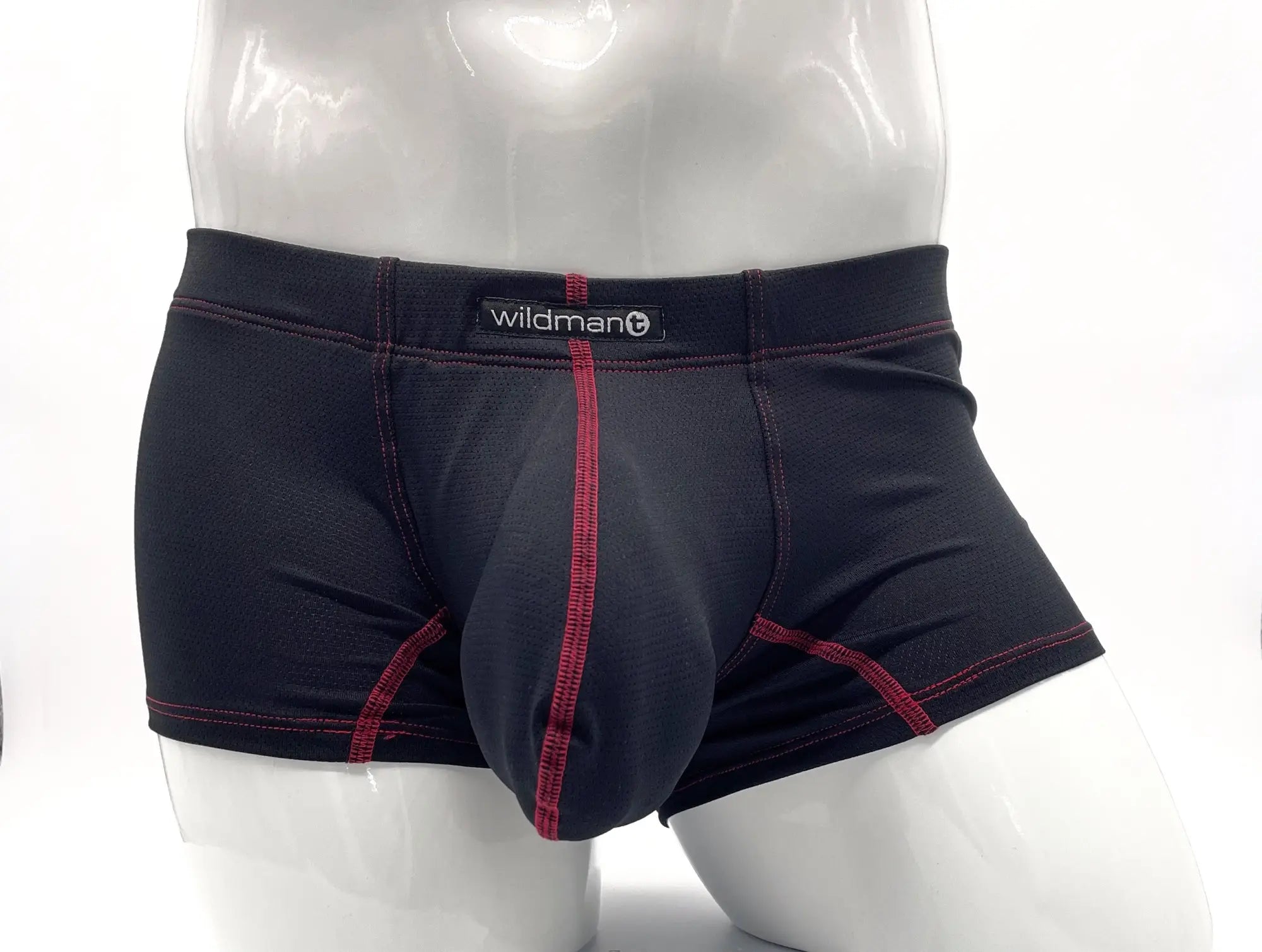 Black wildman stitch big boy pouch boxer brief in red with contrast red stitching along seams and waistband