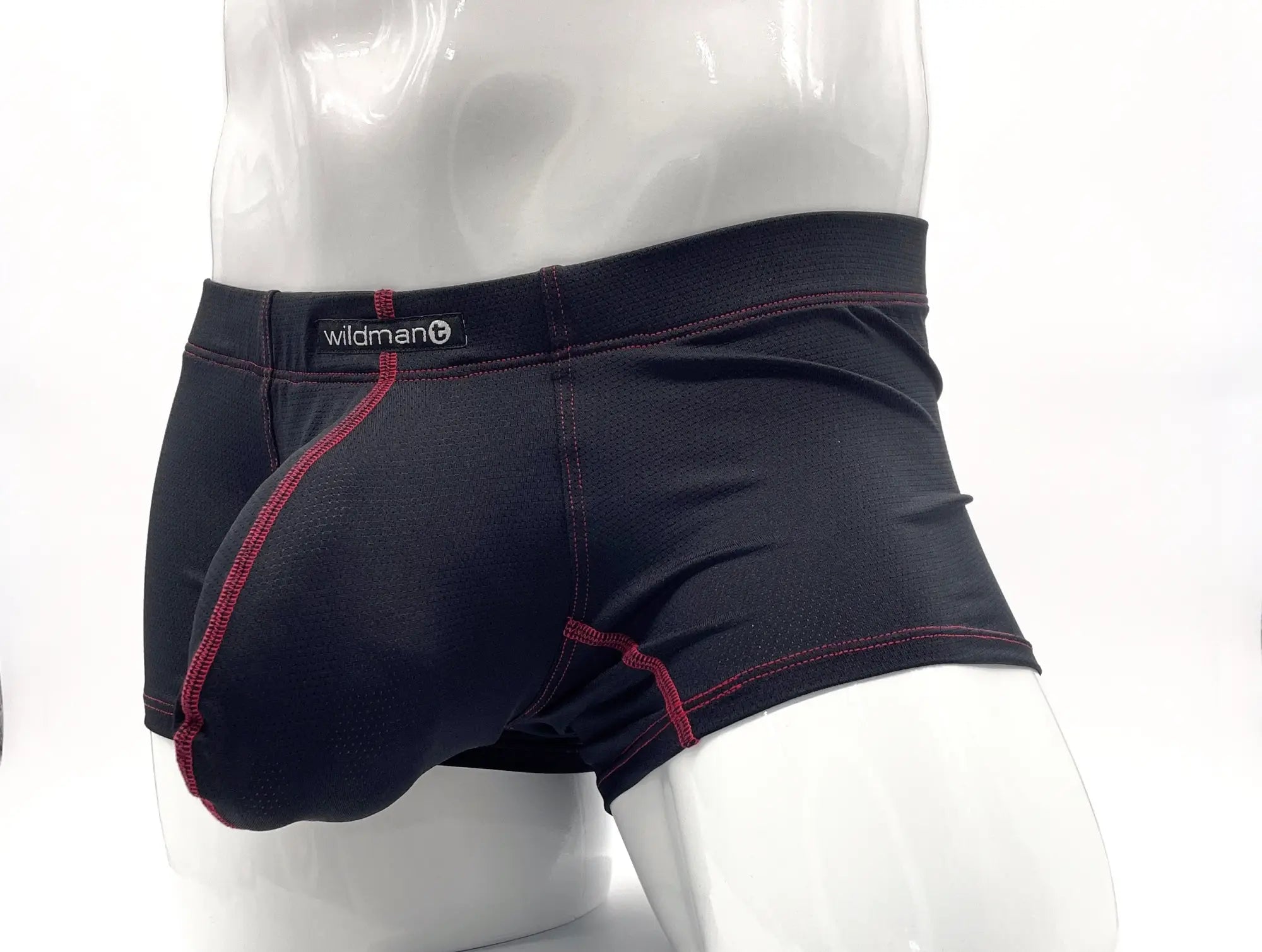 Black wildman stitch big boy pouch boxer brief in black with red stitching on seams and waistband for men
