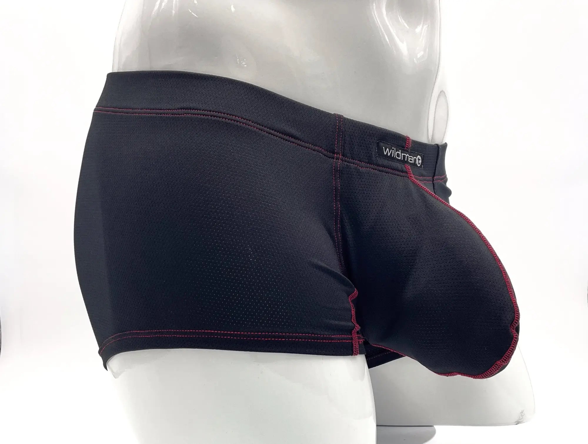 Black wildman stitch big boy pouch boxer brief in black with red stitching and supportive contoured design