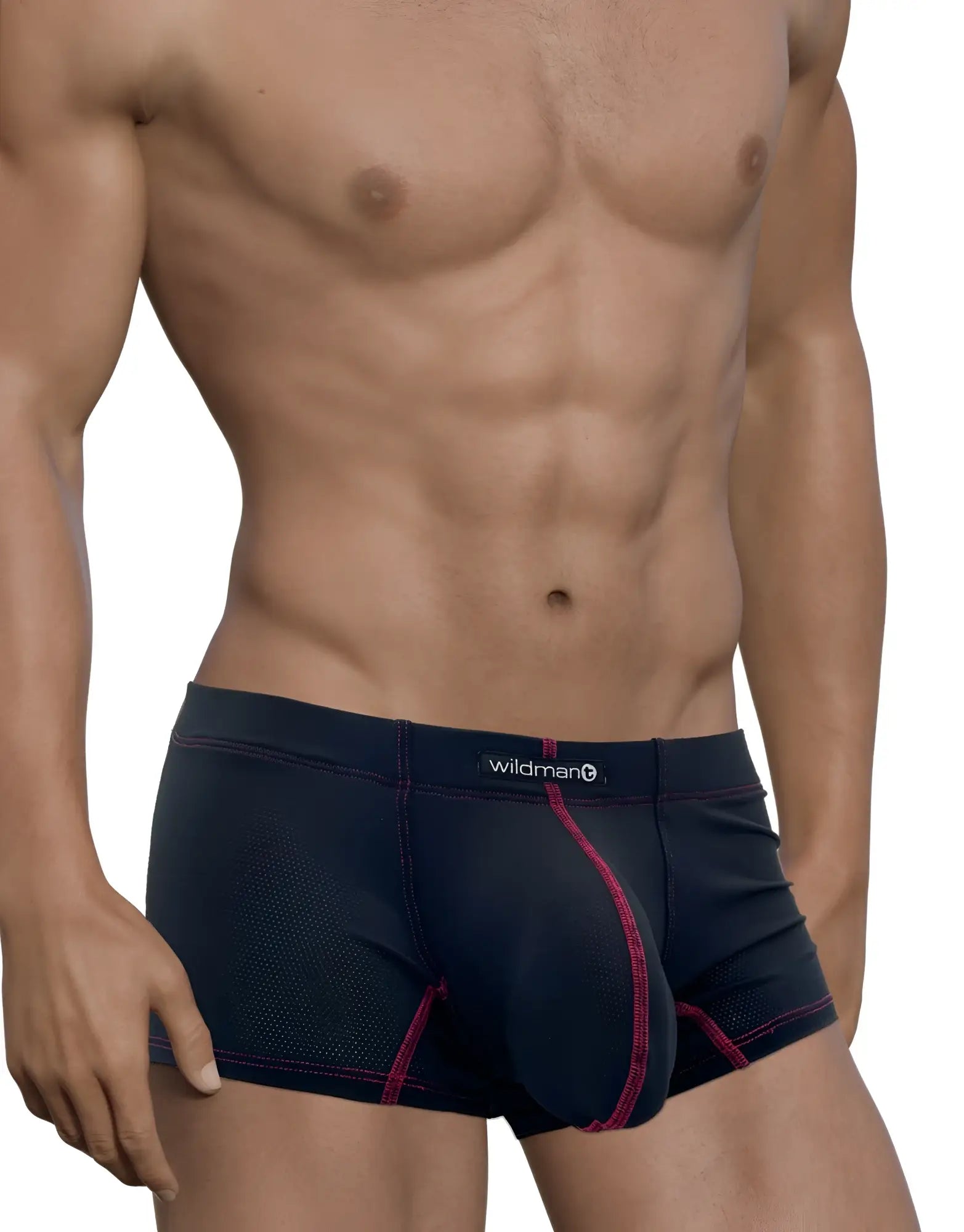 Dark navy Stitch big boy pouch boxer brief with vibrant pink stitching mesh texture and wildman logo waistband