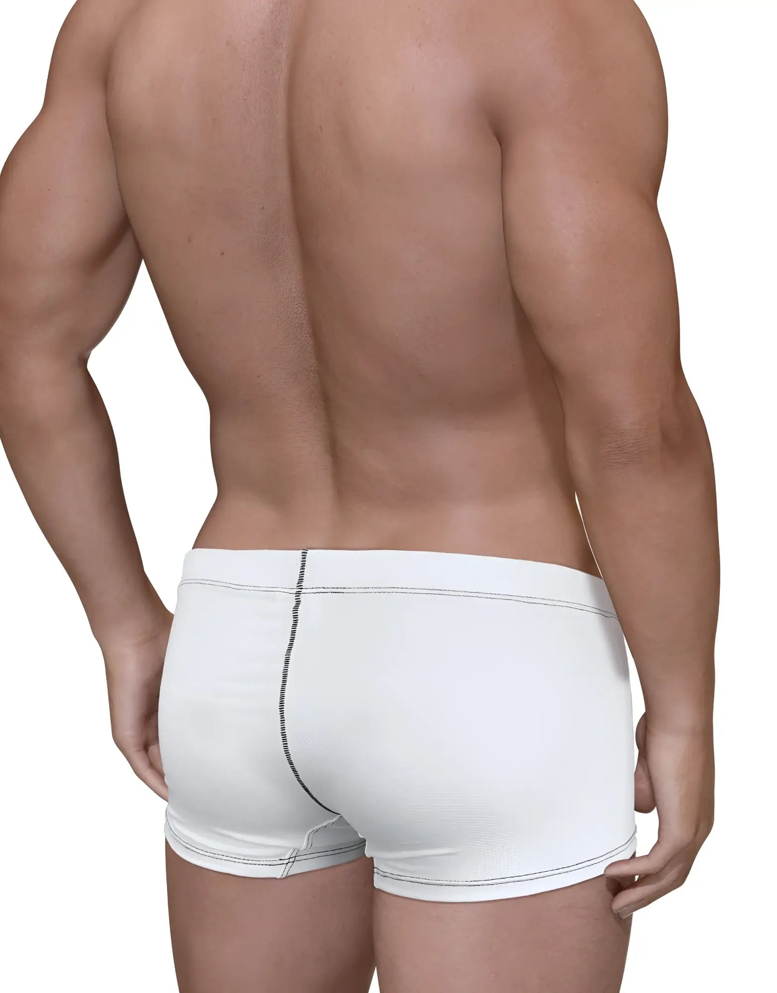 White boxer briefs with subtle black stitching along the center seam from the Stitch Big Boy Pouch Boxer Brief line