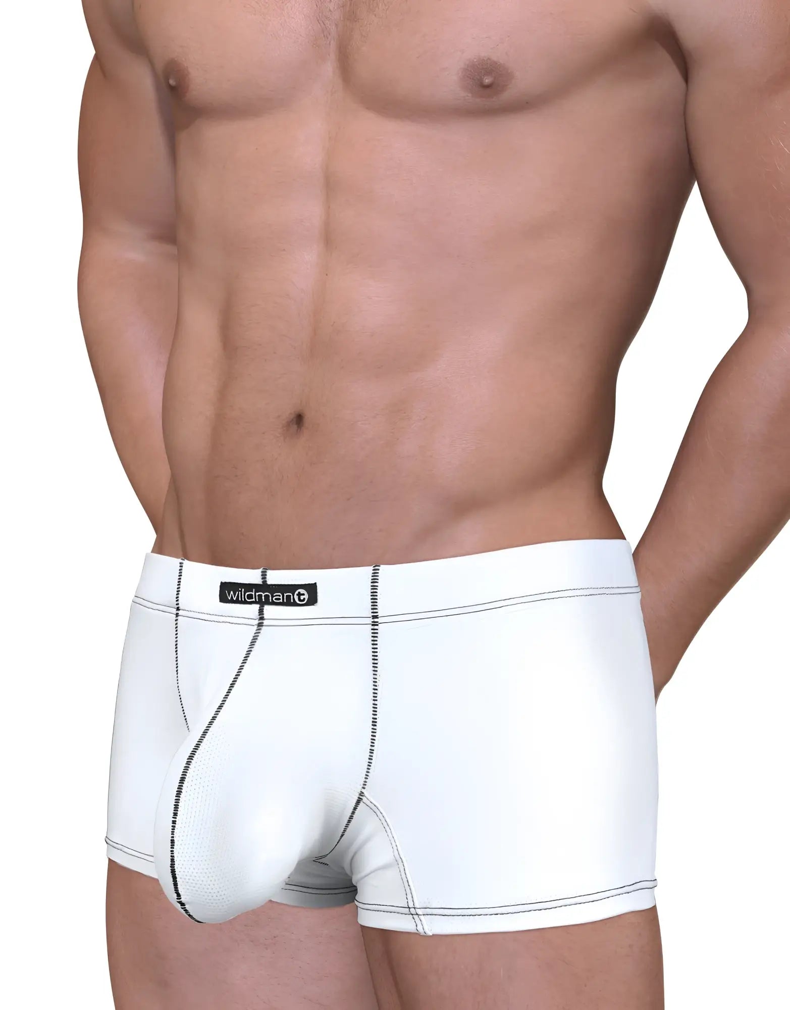White Stitch Big Boy Pouch boxer brief by Wildman with black stitching and subtle textured pattern
