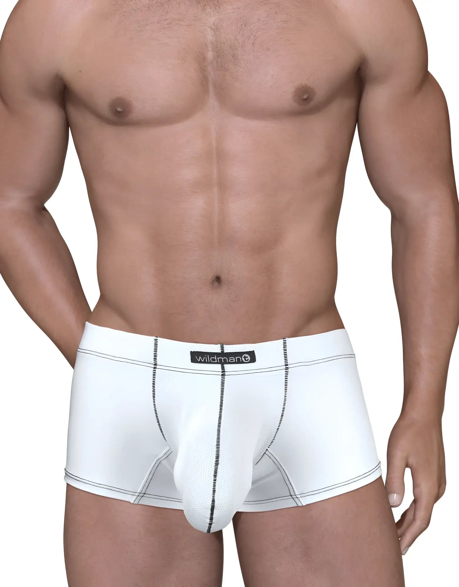 White wildman stitch big boy pouch boxer brief in white with black stitching and central seam for men