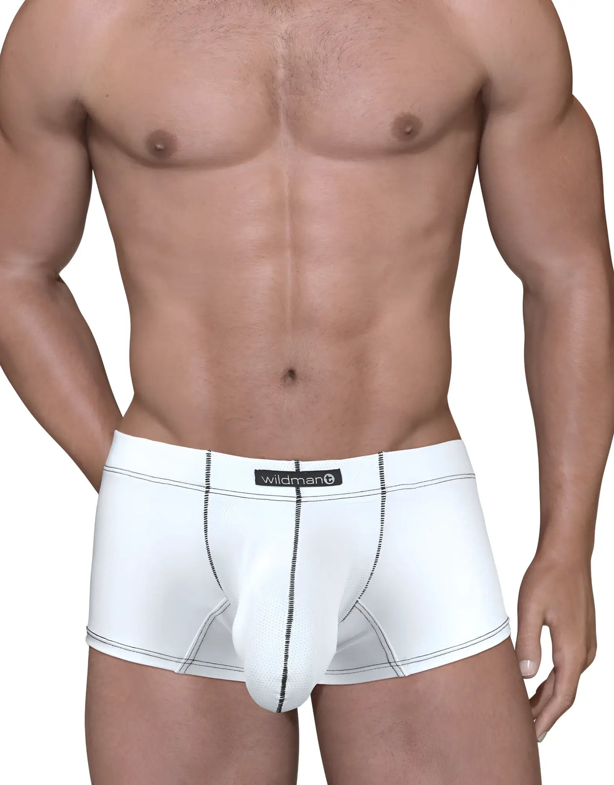 White wildman stitch big boy pouch boxer brief in white with black stitching and central seam for men