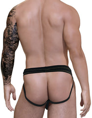 Black athletic briefs with subtle striped waistband detailing matching stitch big boy pouch jock strap yellow design
