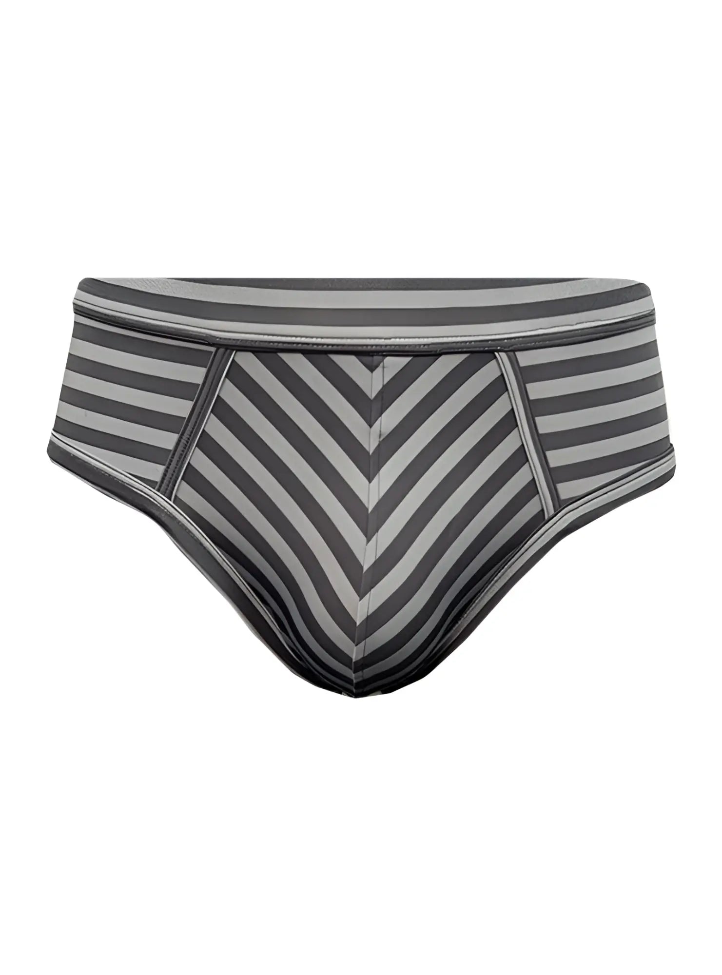 Gray and black striped men’s stretch comfort brief with a chevron pattern designed for all-day comfort
