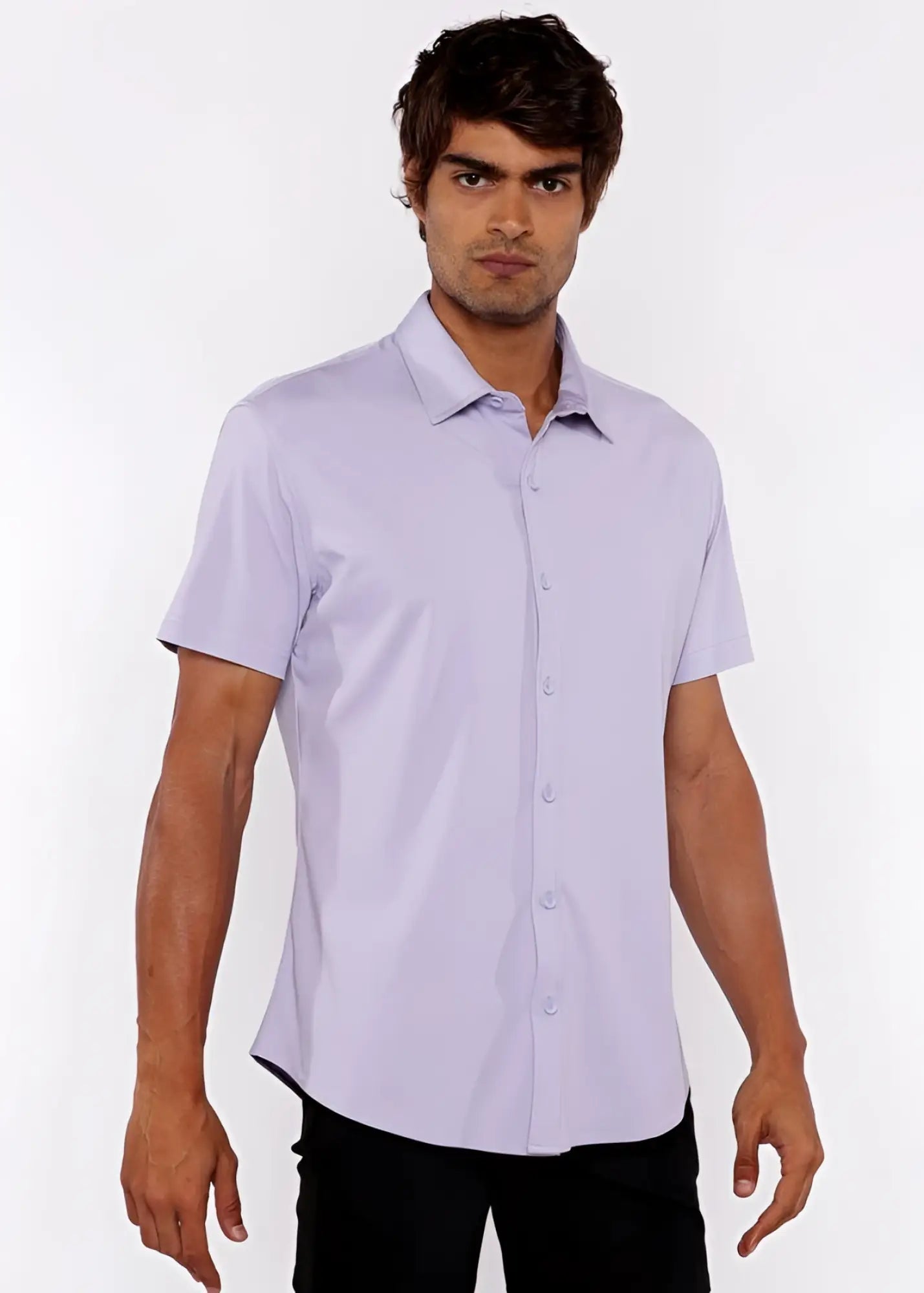 A light lavender stretch knit shirt with short sleeves classic collar and tailored fit