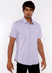 A light lavender stretch knit shirt with short sleeves classic collar and tailored fit