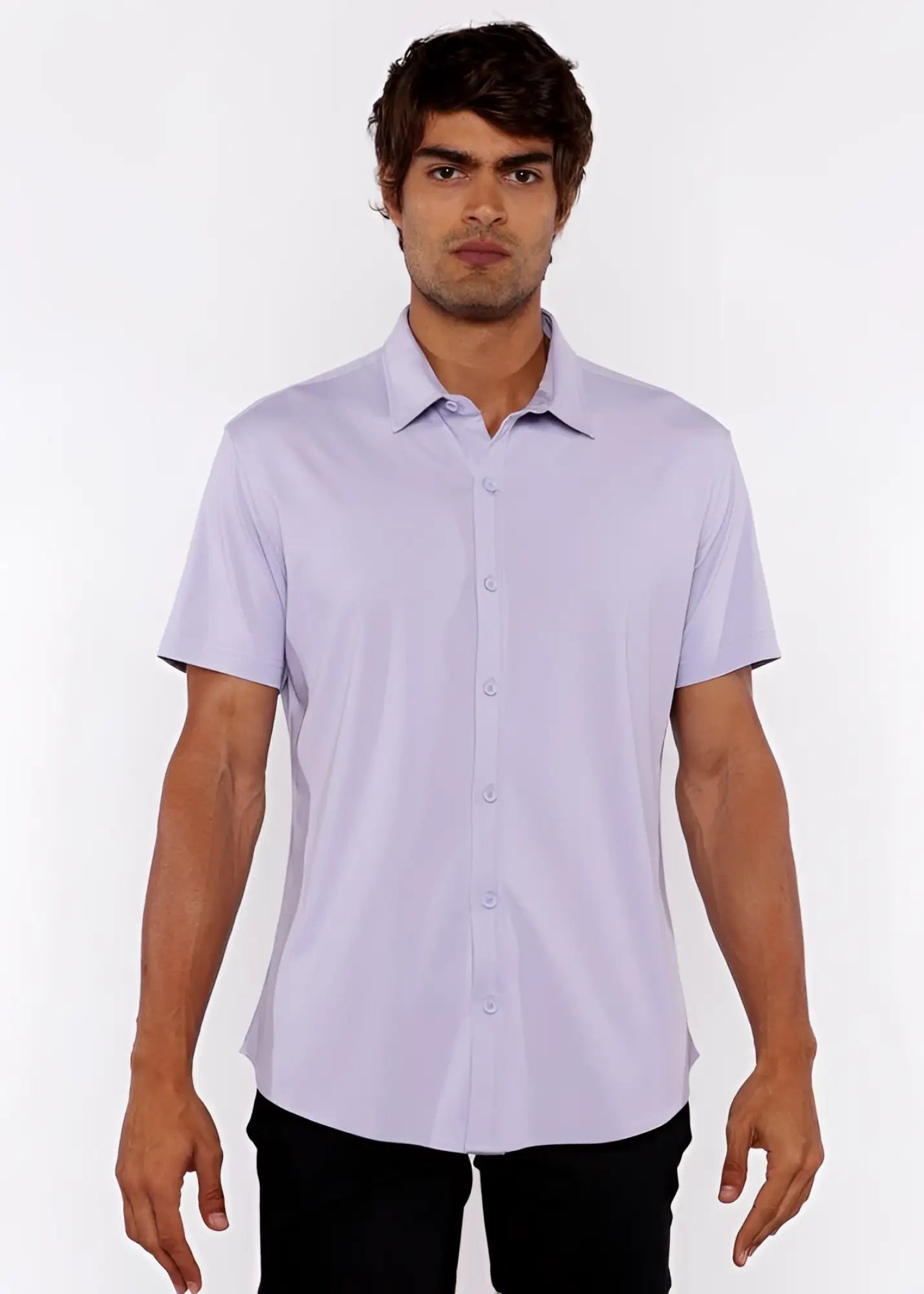A light lavender stretch knit shirt with short sleeves classic collar and neat stitching for comfortable wear