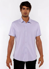 A light lavender stretch knit shirt with short sleeves classic collar and neat stitching for comfortable wear