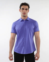 A sleek solid purple stretch knit shirt with short sleeves a classic collar and tailored fit for stylish comfort