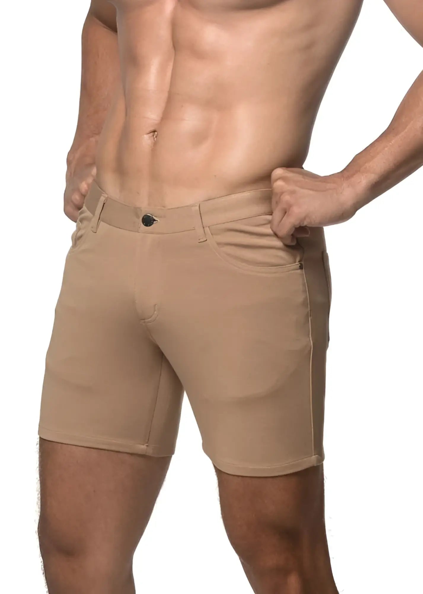 Beige stretch knit chino shorts with classic fit and black button closure for comfortable everyday wear