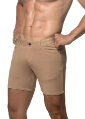 Beige stretch knit chino shorts with classic fit and black button closure for comfortable everyday wear