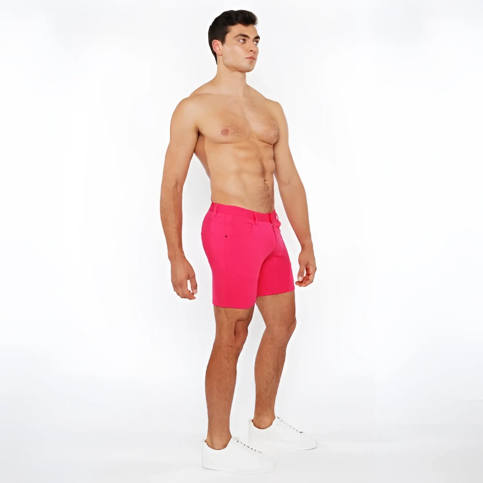 Bright pink stretch knit short with tailored fit and belt loops designed for athletic wear and comfort