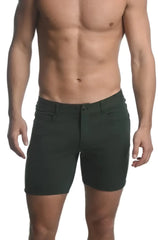 Dark green stretch knit short slim-fit chino shorts with classic five-pocket design and belt loops