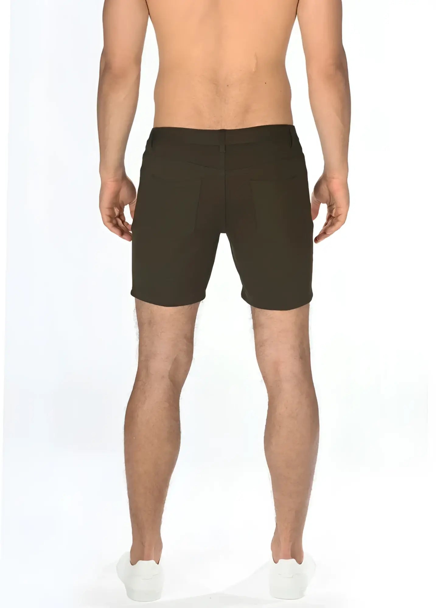 Dark olive stretch knit men’s shorts with tailored fit and subtle stitching details perfect for casual wear