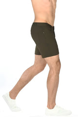 Dark olive green stretch knit chino shorts with tailored fit and subtle side pockets for comfortable style