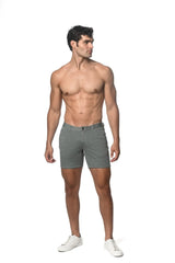 Gray stretch knit chino shorts with classic fit and button closure for comfortable everyday wear
